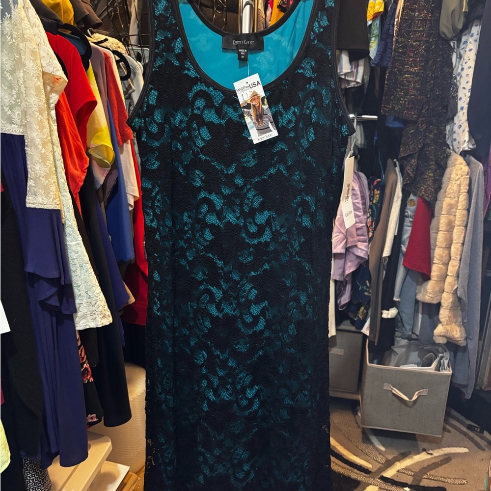 Karen Kane Teal and Black Lace Midi Dress